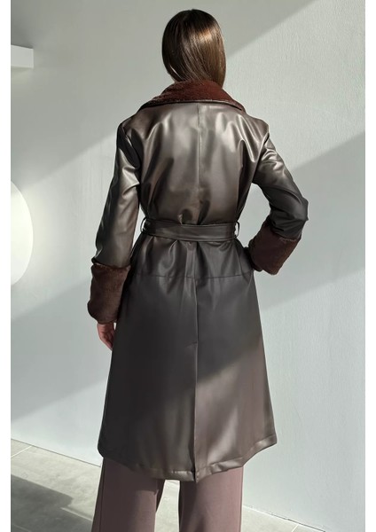 Kadın Yaka ve Bilek Kürk Garnili Bel Kuşaklı Suni Deri Trençkot P-00018682 fırsatları