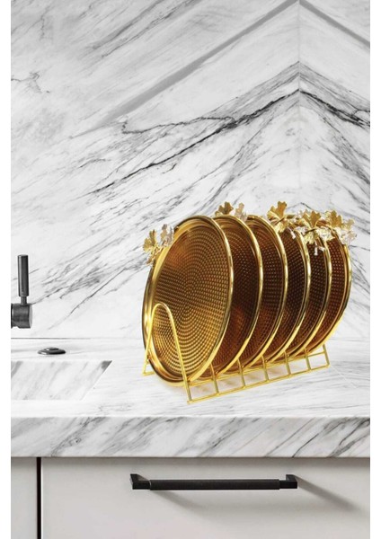 Gold Metal Pasta Sunum Tabağı Set 6 Lı Tabaklık Stand Lı Lüx