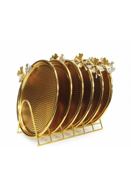 Gold Metal Pasta Sunum Tabağı Set 6 Lı Tabaklık Stand Lı Lüx fiyatları