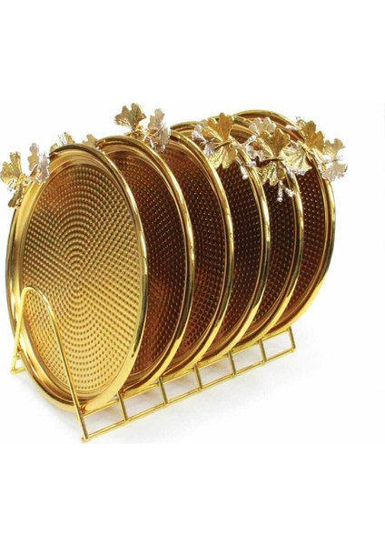 Gold Metal Pasta Sunum Tabağı Set 6 Lı Tabaklık Stand Lı Lüx fırsatları