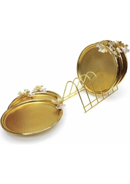 Gold Metal Pasta Sunum Tabağı Set 6 Lı Tabaklık Stand Lı Lüx indirimleri