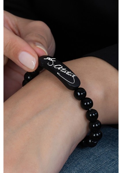 K. Atatürk İmzalı Parlak Siyah Boncuk Taşlı Erkek / Bayan Bileklik bbb19ip
