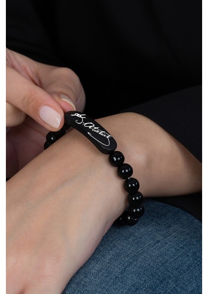 K. Atatürk İmzalı Parlak Siyah Boncuk Taşlı Erkek / Bayan Bileklik bbb19ip fiyatları