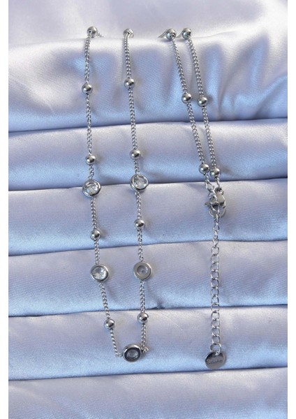 316L Çelik Gümüş Renk Zirkon Taşlı Top Zincirli Kolye fiyatları