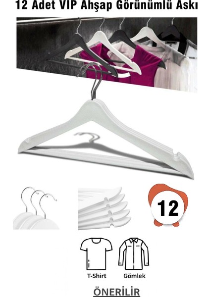 Ahşap Görünümlü Plastik Askı 12 Adet Elbise Askısı Beyaz Vıp