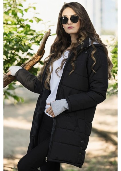 Kışlık Su Geçirmez Eldiven Detaylı Uzun Kadın Şişme Mont