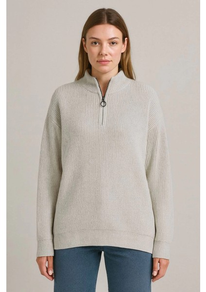 Kadın Yarım Fermuarlı Triko Kazak – Selanik Örgü, Dik Yaka, Pamuklu Dokuma, Oversize Uzun Kollu Kışlık Model - Gri modelleri