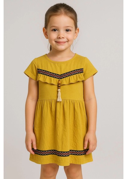 Önü Püsküllü Boncuk Detaylı Kız Çocuk Elbisesi Hardal