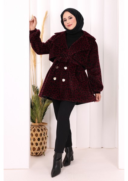Leopar Düğmeli Kaban 70059-1 Bordo fiyatları