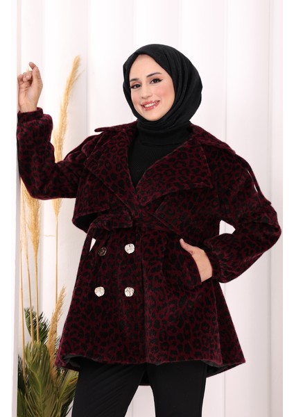 Leopar Düğmeli Kaban 70059-1 Bordo indirimleri