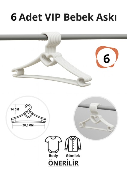 Bebek Elbise Askısı 6 Adet Kalp Plastik Beyaz Bebek Kıyafet Askısı Vıp