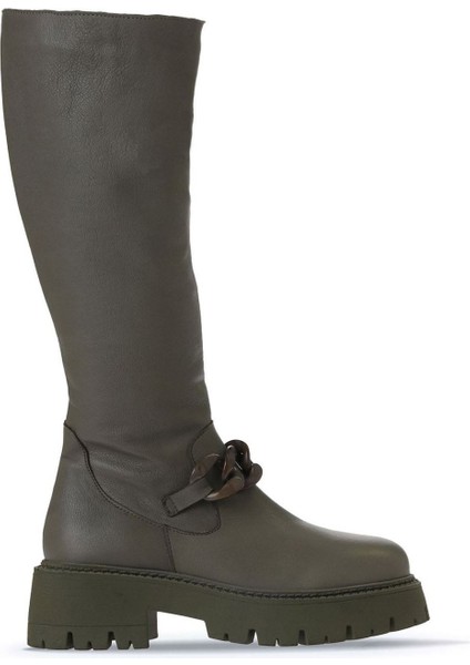 Haki Deri Kadın Düz Çizme 01WV3119 01WV3119