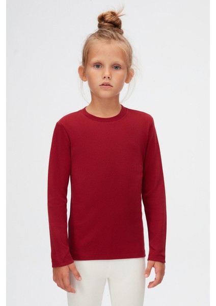 Bordo Basic Unisex Çocuk Kışlık Sıfır Yaka Uzun Kollu Tişört fiyatları