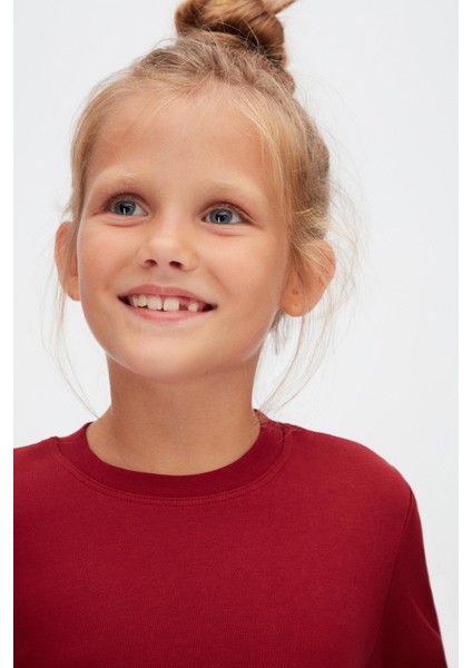 Bordo Basic Unisex Çocuk Kışlık Sıfır Yaka Uzun Kollu Tişört modelleri