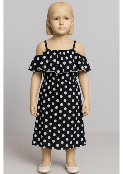 Puantiyeli Askılı Prenses Elbise Kız Çocuk Lacivert