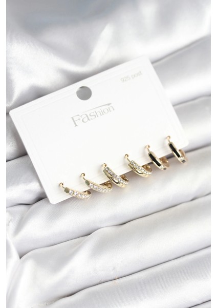 Pirinç Gold Renk 925 Ayar Gümüş Çivi Kadın Küpe Seti