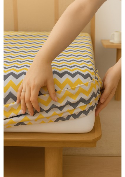 Çift Kişilik Lastikli Çarşaf 160 cm x 200 cm Pamuk Çarşaf-Sarı Gri Zikzak