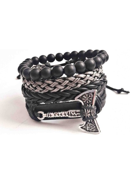 4 Adet Bileklik Balta Figürlü Hakiki Deri Bileklik Erkek