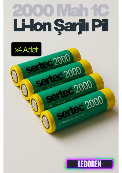18650 3.7V 2000 Mah 1c Li-Ion Şarjlı Pil Şarj Edilebilir - 4 Adet