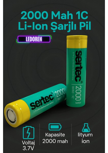 18650 3.7V 2000 Mah 1c Li-Ion Şarjlı Pil Şarj Edilebilir - 1 Adet