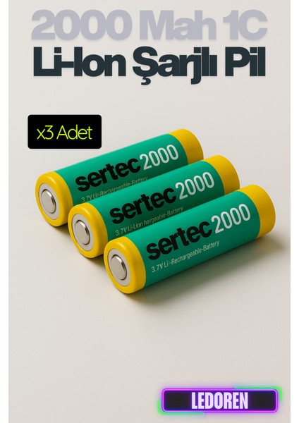 18650 3.7V 2000 Mah 1c Li-Ion Şarjlı Pil Şarj Edilebilir - 3 Adet