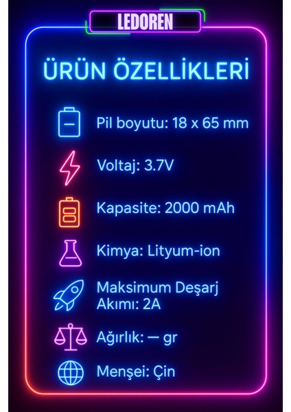 18650 3.7V 2000 Mah 1c Li-Ion Şarjlı Pil Şarj Edilebilir - 3 Adet