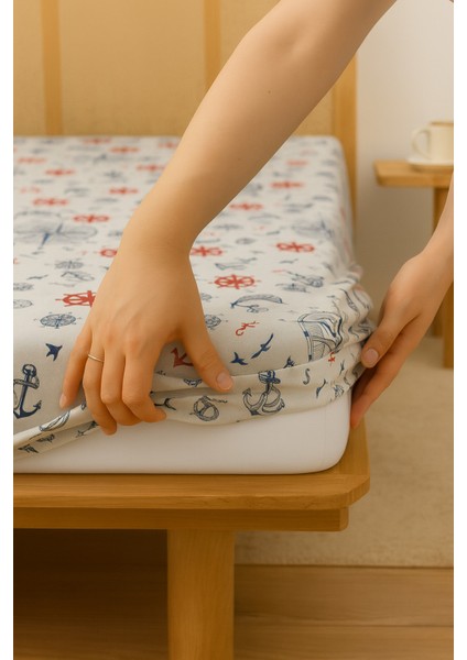 Lastikli Bebek Çarşafı (Beyaz)60 x 120 cm Pamuk Çarşaf-Marin Çapa