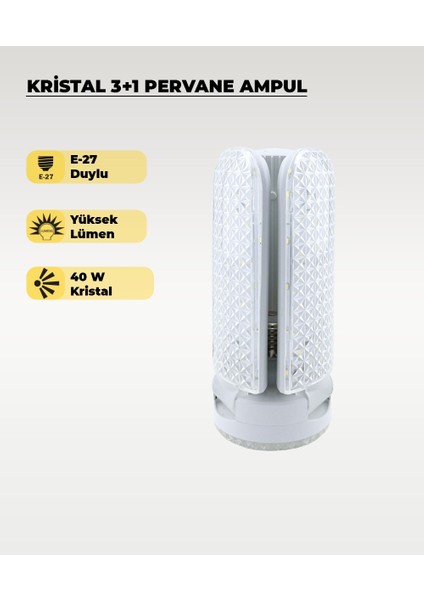 40W Kristal Pervane 3+1 Kanatlı Ampul 6500K Beyaz Işık