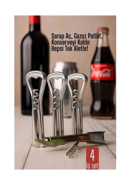 4 Lü Set Barmen Tipi Şişe Açacağı ve Tirbuşon Konserve Açıcı Dayanıklı ve Pratik