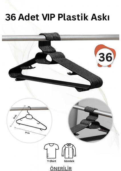 Siyah Plastik Elbise Kıyafet Askısı 36 Adet Plastik Elbise Askısı Siyah Vıp