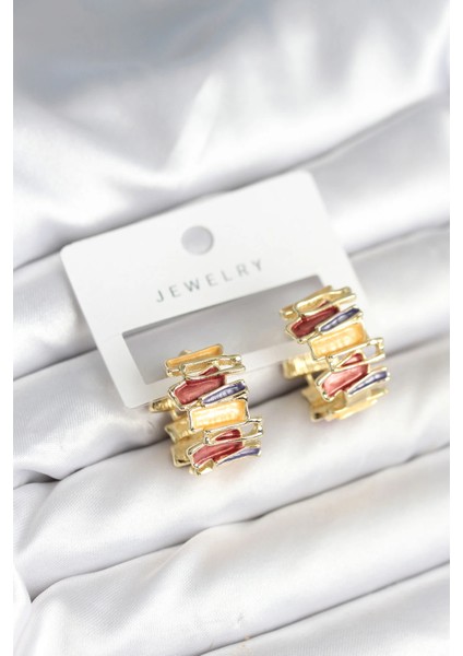 Mineli Karışık Renkli Gold Pirinç Kadın Küpe