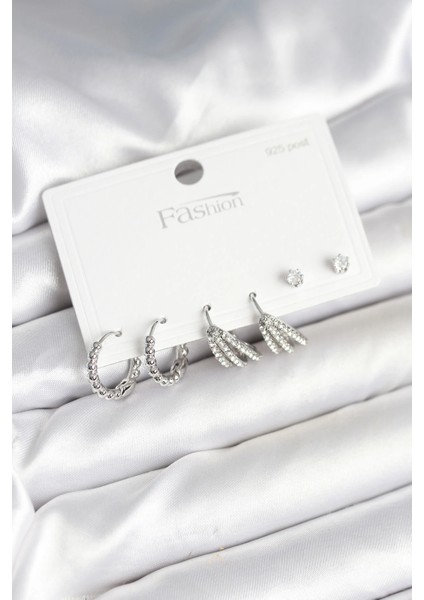 Pirinç Gümüş Renk Zirkon Taşlı 925 Gümüş Çivili Kadın Küpe Seti