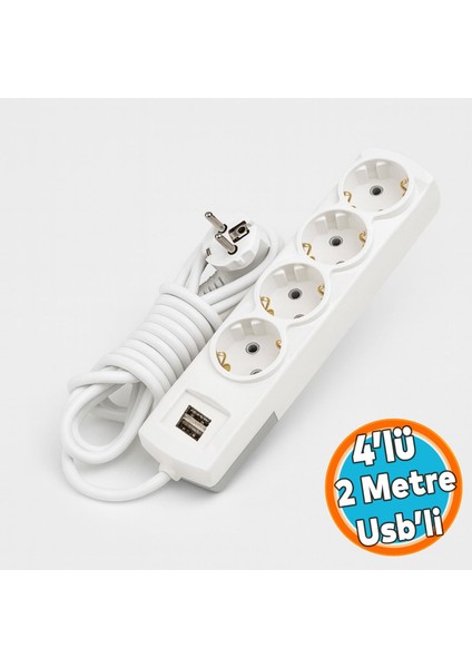 Topraklı Grup Priz Kablolu Usb'li 4'lü 2 Metre Fiş Çoğaltıcı 2 Metre Çoklu Asmalı Uzatma Kablosu Anahtarsız