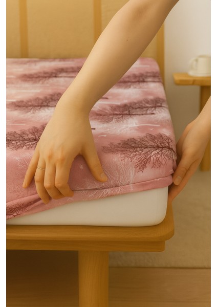 Tek Kişilik Lastikli Çarşaf 100 cm x 200 cm Pamuk Çarşaf-Pembe Ağaç