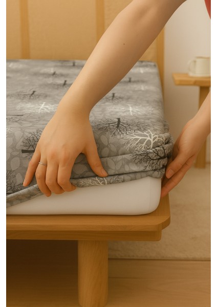 Çift Kişilik Lastikli Çarşaf 160 cm x 200 cm Pamuk Çarşaf-Gri Ağaç