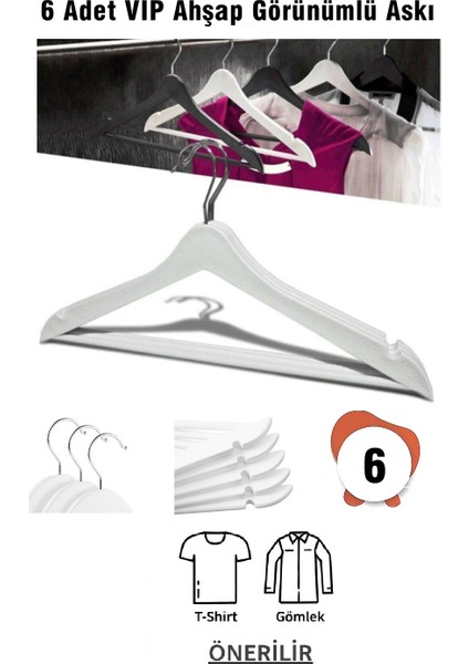 Ahşap Görünümlü Plastik Askı 6 Adet Elbise Askısı Beyaz Vıp