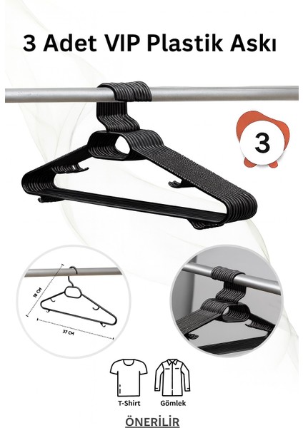 Siyah Plastik Elbise Kıyafet Askısı 3 Adet Plastik Elbise Askısı Siyah Vıp