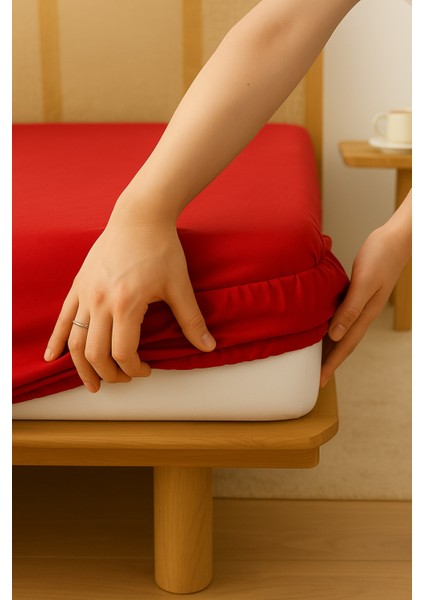 Tek Kişilik Lastikli Çarşaf 100 cm x 200 cm Pamuk Çarşaf-Kırmızı