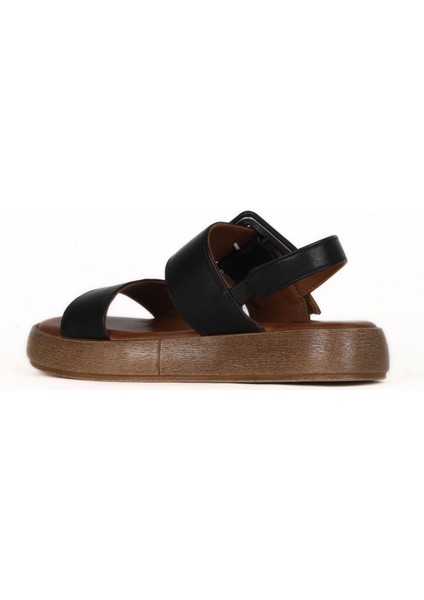 Siyah Deri Kadın Düz Sandalet 01WE1901 01WE1901 fırsatları