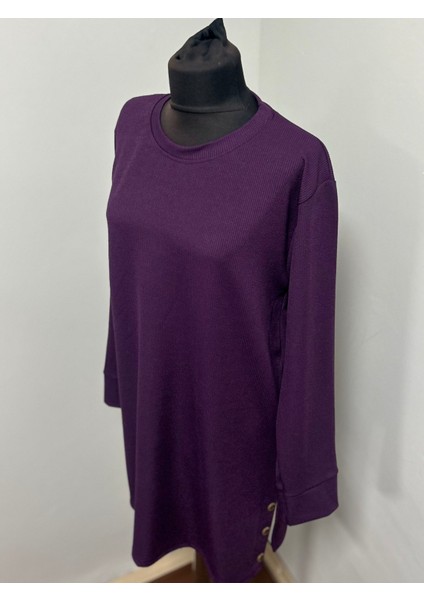 Kadın Ribanalı Yırtmaç Detaylı Uzun Kollu Düz Renk Günlük Esnek Tunik Sweat Tesettür Penye modelleri