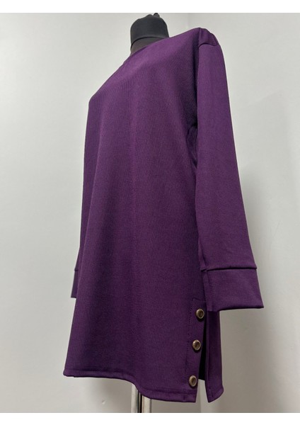 Kadın Ribanalı Yırtmaç Detaylı Uzun Kollu Düz Renk Günlük Esnek Tunik Sweat Tesettür Penye fırsatları