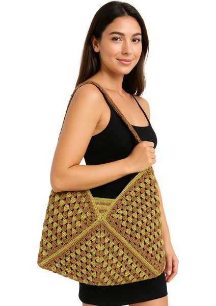 0603 El Örgüsü Kağıt Ip Büyük Boy Omuz Çantası / 45 cm x 44 cm