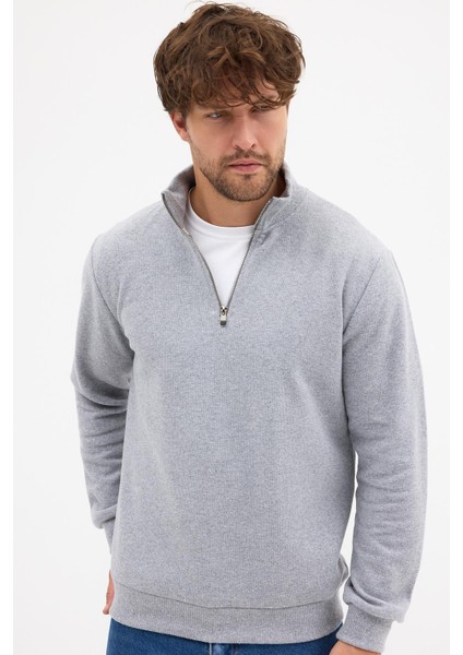 Erkek Gri Standart Fit Normal Kesim Pamuklu Yarım Fermuarlı Dik Yaka Pamuklu Sweatshirt fiyatları