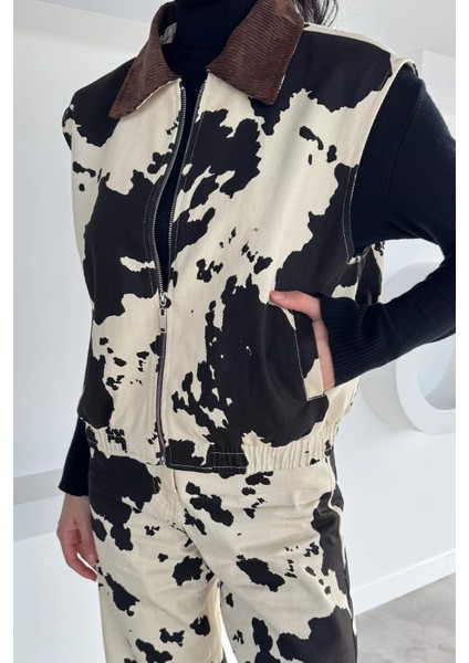 Kadın Kadife Yaka Desenli Yelek Pantolon Ikili Takım P-00018648 modelleri