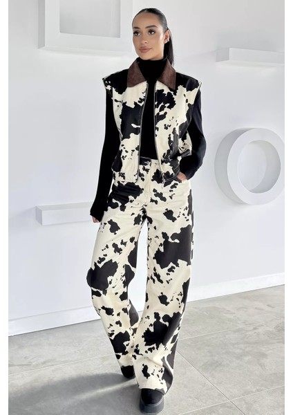 Kadın Kadife Yaka Desenli Yelek Pantolon Ikili Takım P-00018648