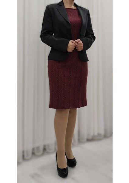Bordo Zigzag Desenli Likralı Yünlü Jakarlı Önden Kuplu Düz Dar Elbise