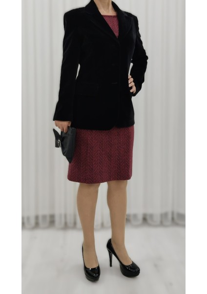 Bordo Zigzag Desenli Likralı Yünlü Jakarlı Önden Kuplu Düz Dar Elbise indirimleri