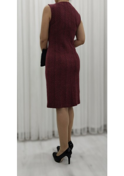 Bordo Zigzag Desenli Likralı Yünlü Jakarlı Önden Kuplu Düz Dar Elbise