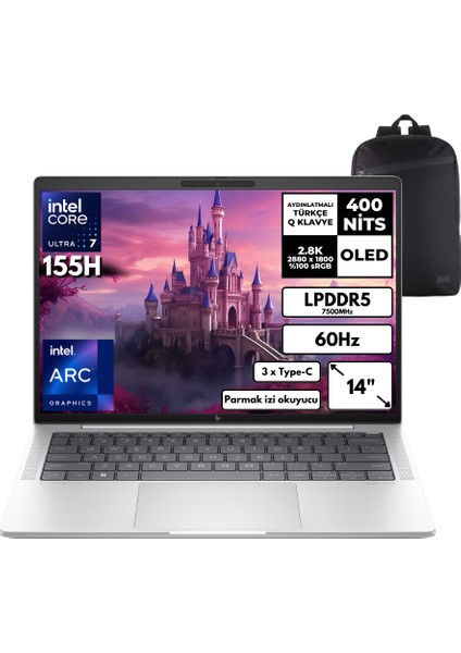 Elitebook 1040 G11 Ultra 7-155H 16-Gblpddr5 4 Tbssd 14" 2.8k OLED Windows 11 Pro + Hmf Sırt Çantası 9G0J5ETHMF3