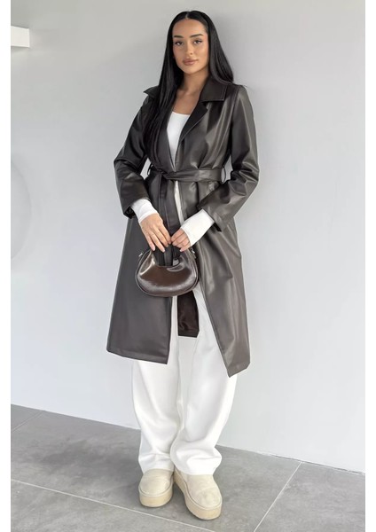 Kadın Çift Cepli Bel Kuşaklı Astarlı Suni Deri Trençkot P-00018672